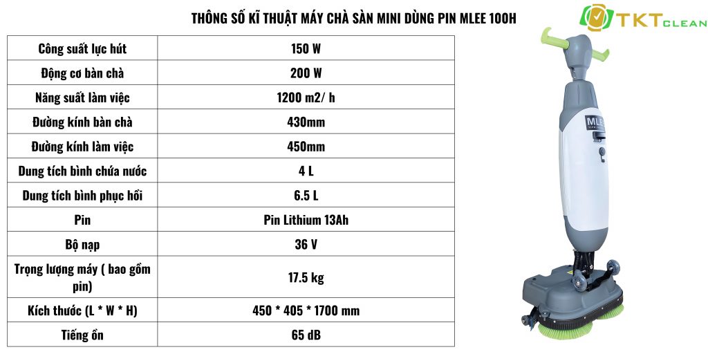 Thông số kĩ thuật máy chà sàn mini dùng pin MLee 100H