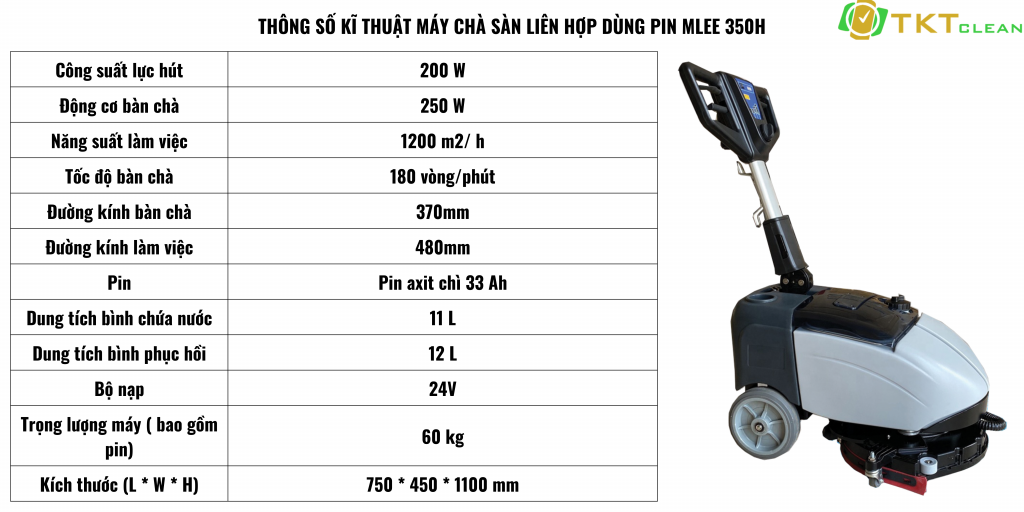 Thông số kĩ thuật của máy chà sàn liên hợp dùng pin MLee 350H