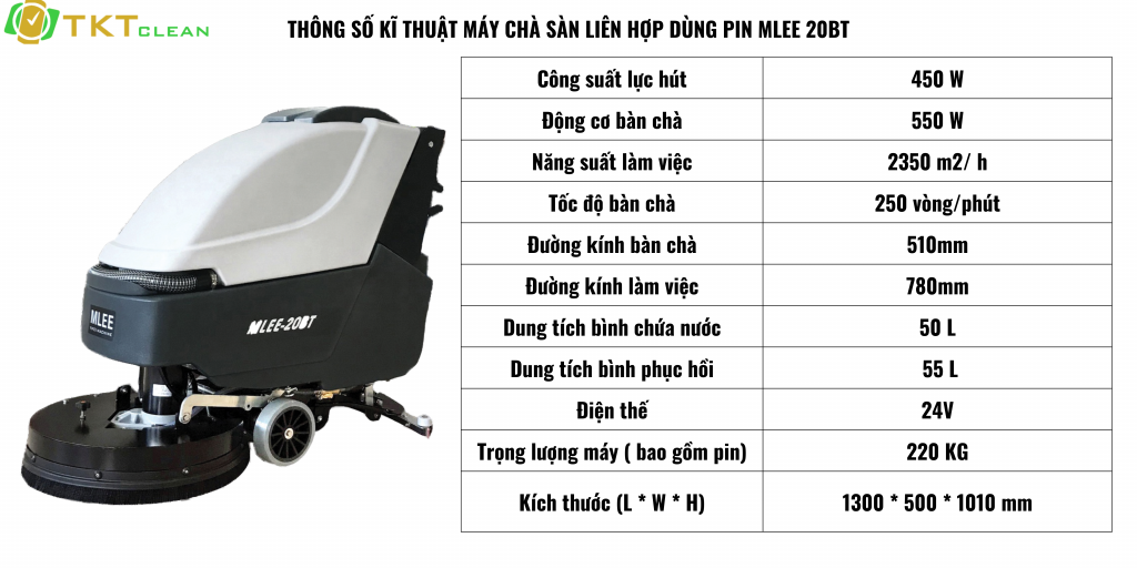 Thông số kĩ thuật của máy chà sàn liên hợp dùng pin MLee 20BT