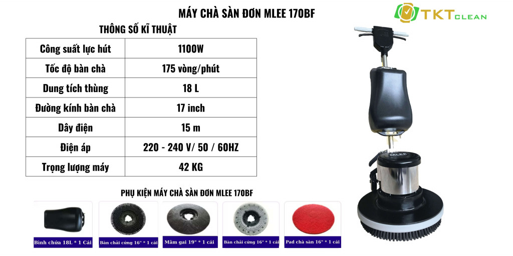 Thông số kĩ thuật của máy chà sàn đơn MLee 170BF