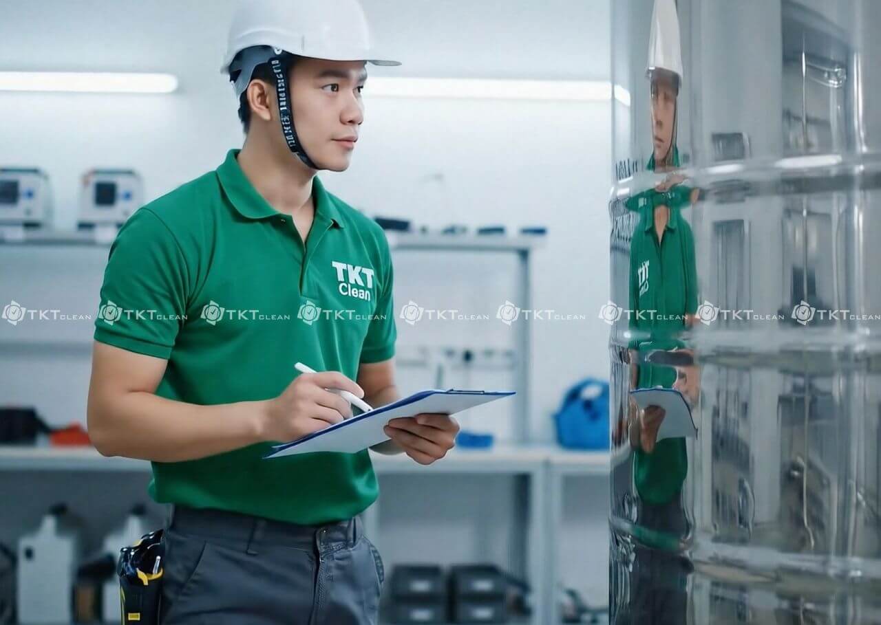 nhan vien kiem tra bon nuoc sau lam sach