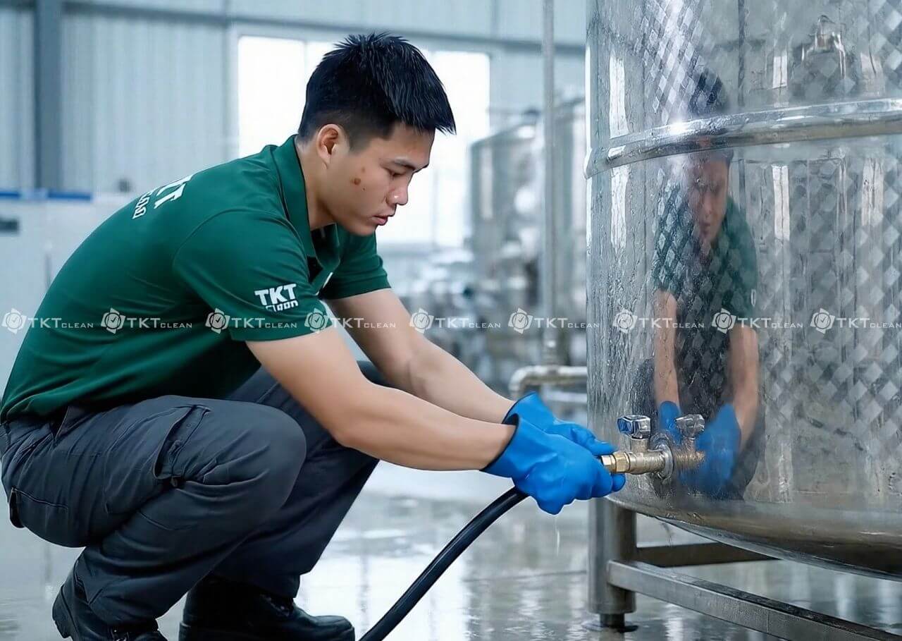 nhan vien ve sinh rut nuoc khoi bon chua